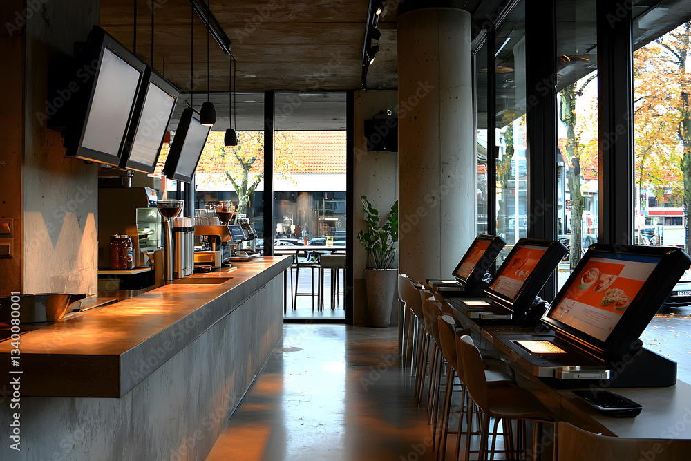 Naklejka premium A contemporary restaurant interior featuring order kiosks concrete surfaces pendant lighting and a view of the outside street.