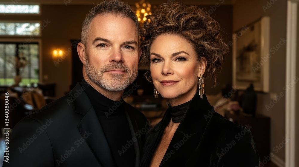 Man and woman posing together in a warmly lit indoor setting with wooden elements and a chandelier Man and woman posing together in a warmly lit indoor setting with wooden elements and a chandelier