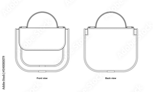 Minimalist Half-Moon Satchel Technical Fashion Illustration. Elegant Shoulder Bag Vector Template. Front and Back View. Curved Silhouette. Flap Closure. Women’s Handbag. CAD Mockup Set.