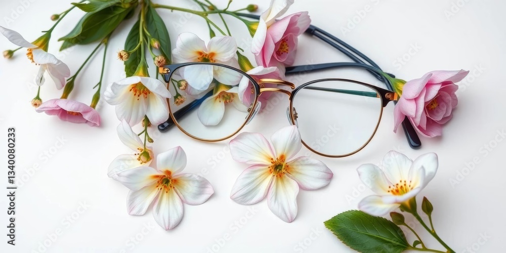 Obraz premium Delicate blooms & stylish spectacles arranged on pristine white, minimalist, spectacles