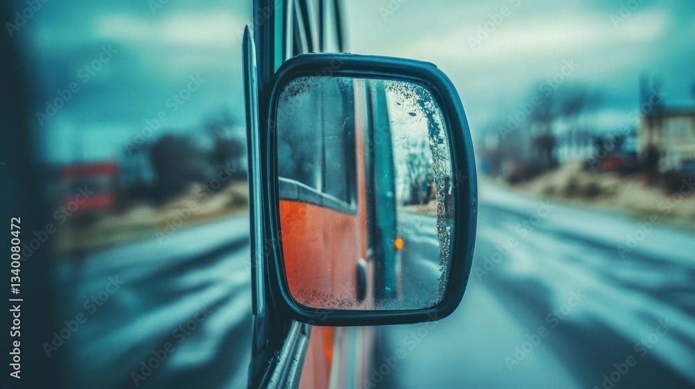 A rearview mirror showing the road on a wet day A rearview mirror showing the road on a wet day