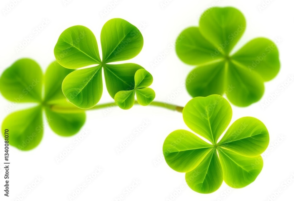 Delicate four-leaf clover blossom, vibrant green against pure white background, blossom, flora Delicate four-leaf clover blossom, vibrant green against pure white background, blossom, flora