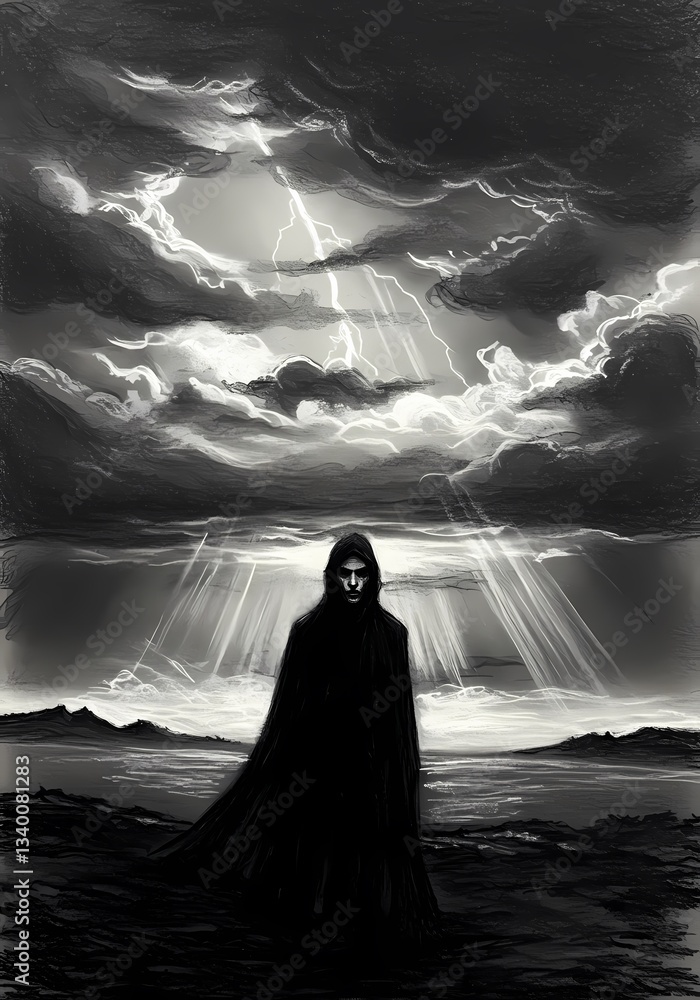 The image depicts a dark and mysterious figure standing in a desolate landscape, with a dramatic stormy sky in the background. The figure is illuminated by rays of light descending from the sky, creat The image depicts a dark and mysterious figure standing in a desolate landscape, with a dramatic stormy sky in the background. The figure is illuminated by rays of light descending from the sky, creat