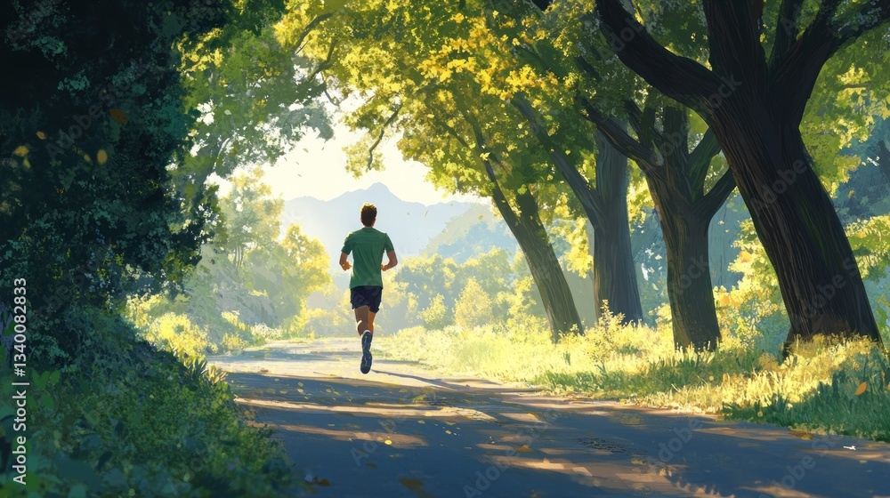 Obraz premium Running Through a Serene Forest Pathway with Lush Greenery and Distant Mountains