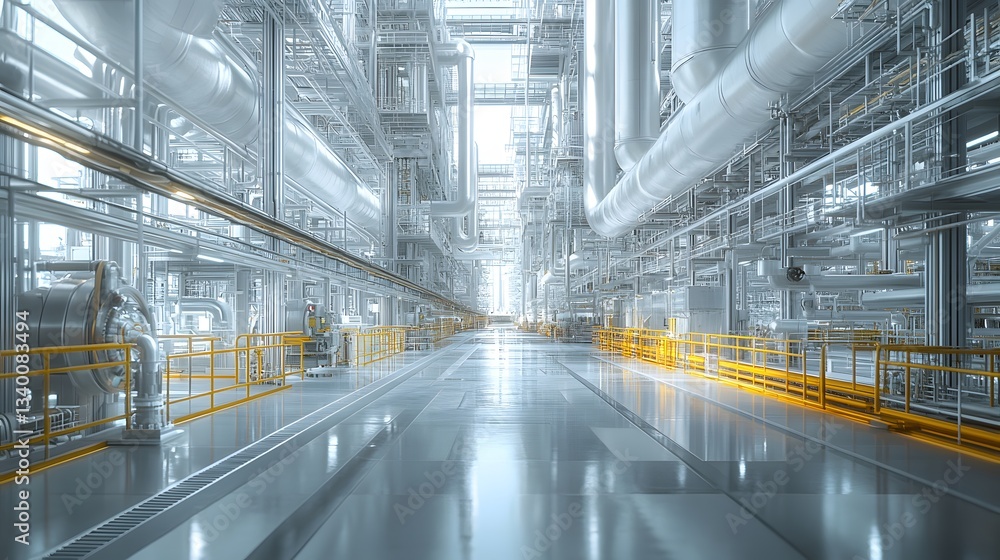 Fototapeta premium Image of a large industrial facility showcasing intricate network of pipes and steel structures. Oil Production Process Theme Background Fully automated Industrial Oil Refinery