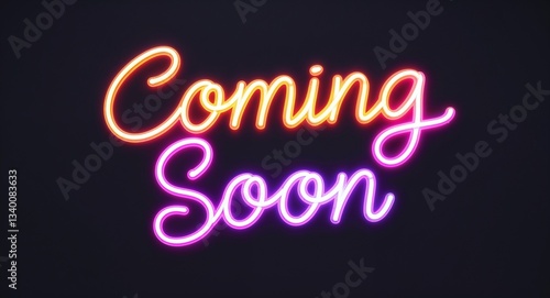 coming soon glowing colorful neon cursive calligraphy lettering on plain black dark background