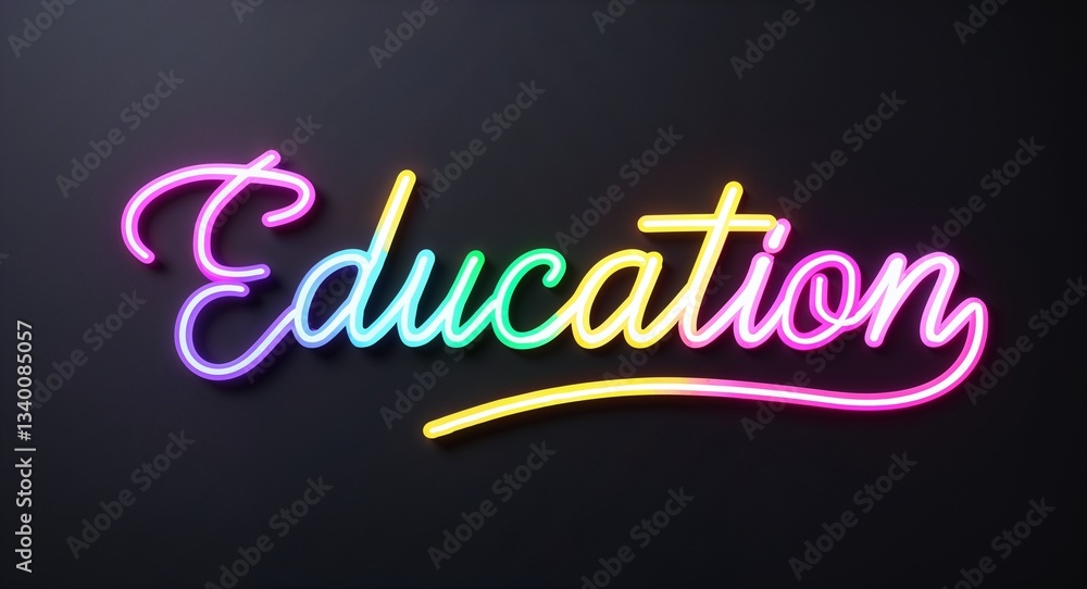 Fototapeta premium education glowing colorful neon cursive calligraphy lettering on plain black dark background
