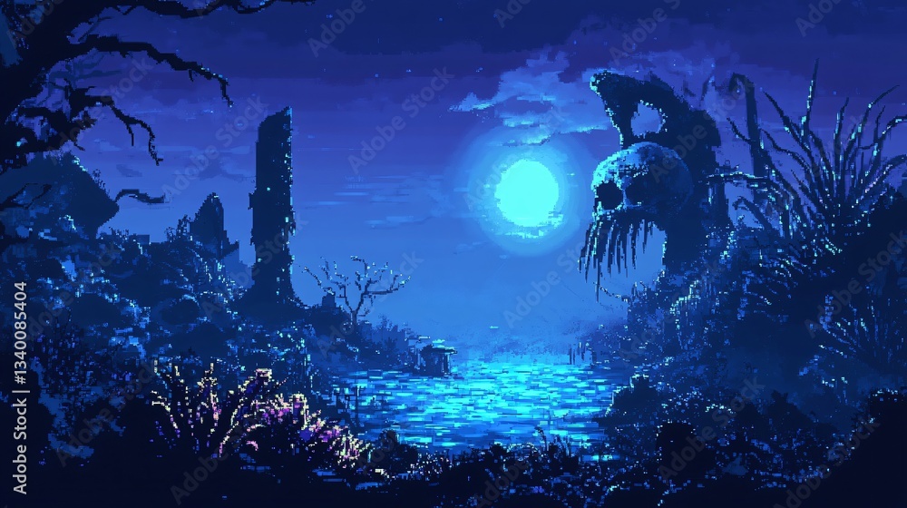 Obraz premium A pixel art landscape featuring a skull formation under moonlight, surrounded by water and ominous flora in a dark, atmospheric setting.
