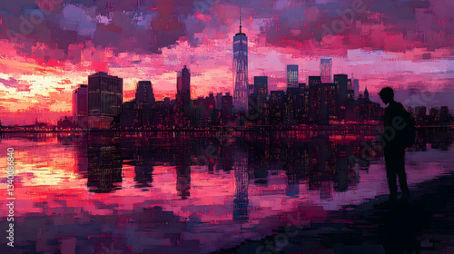 Cityscape Reflections: A solitary silhouette watches the sunset over urban skyline