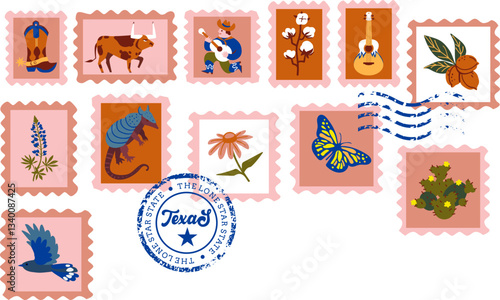 Texas symbols on postmarks. Vector illustration set