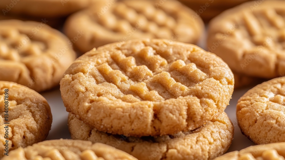 Peanut butter cookies stacked close-up with waffle pattern and brown crust. Perfect for recipes, baking blogs, or sweet food content. Peanut butter cookies stacked close-up with waffle pattern and brown crust. Perfect for recipes, baking blogs, or sweet food content.