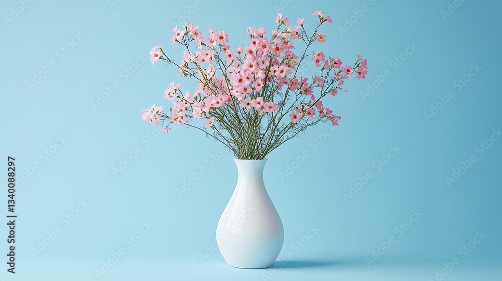 Bouquet of pink flowers in vase on blue background. Bouquet of pink flowers in vase on blue background.