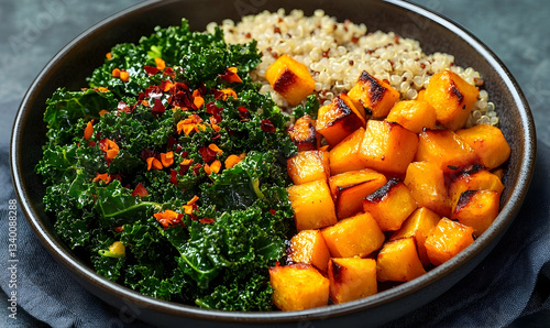 Vibrant nourish bowl featuring kale, roasted butternut squash, and quinoa blend