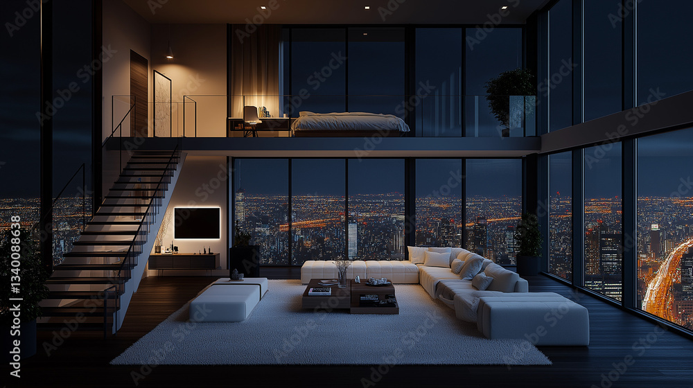 Fototapeta premium Skyline Suite: An exquisite, modern apartment with panoramic views of a city skyline, designed for luxury living, featuring an open-plan layout and high-end amenities.