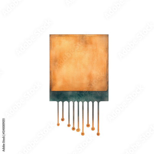 A square artwork with a textured surface, featuring a palette of warm tones and a blue-green base with dangling droplets.