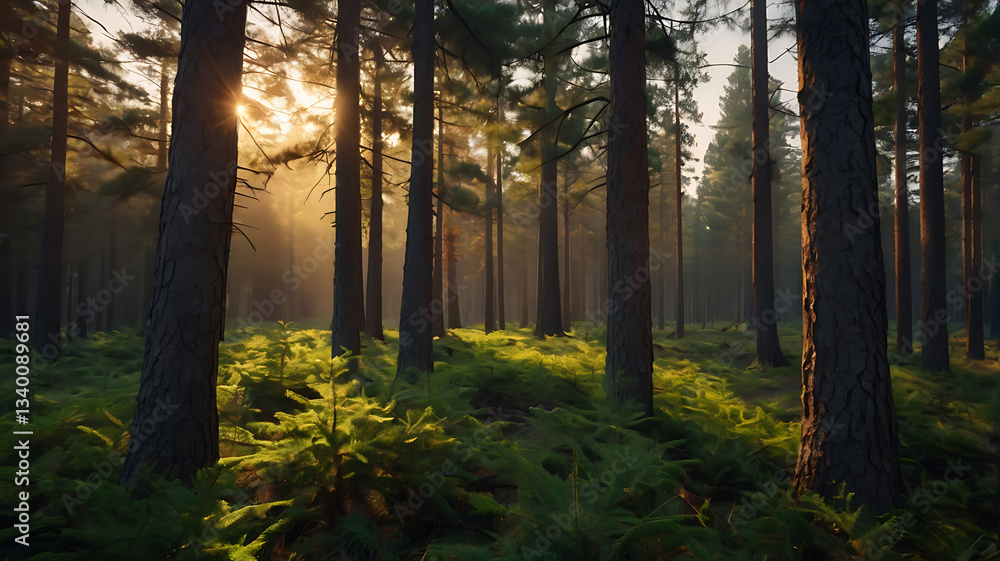 Fototapeta premium Sunlight Streaming Through Pine Tree Forest Illuminating Lush Green Undergrowth