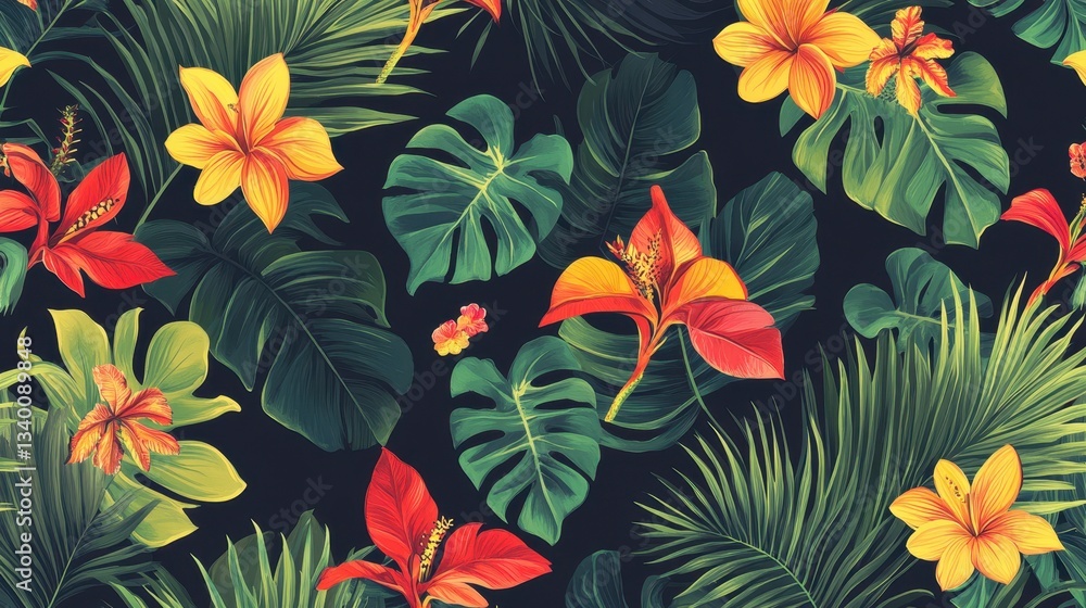 Lush Tropical Floral Seamless Pattern Vibrant Hibiscus, Monstera, and Palm Leaves on Dark Background Lush Tropical Floral Seamless Pattern Vibrant Hibiscus, Monstera, and Palm Leaves on Dark Background