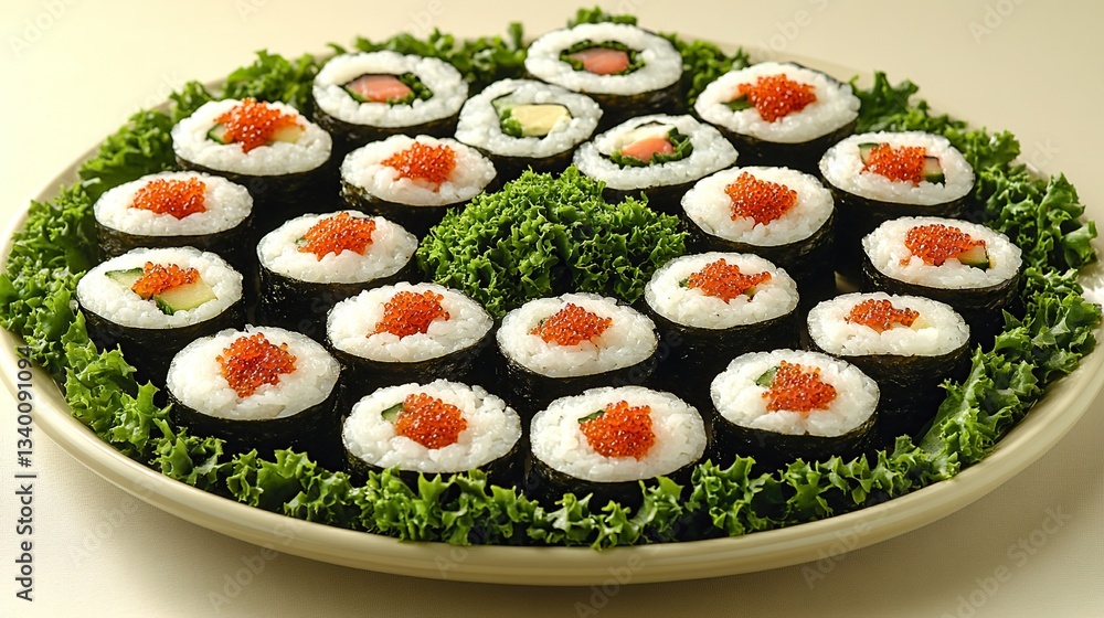 Assorted sushi rolls arranged on a platter Assorted sushi rolls arranged on a platter