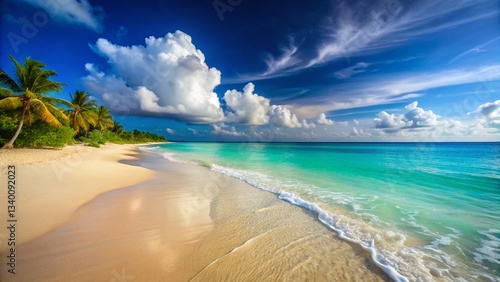 Fototapeta Naklejka Na Ścianę i Meble -  Empty Caribbean Beach: Azure Waves, White Sand, Low Light Paradise