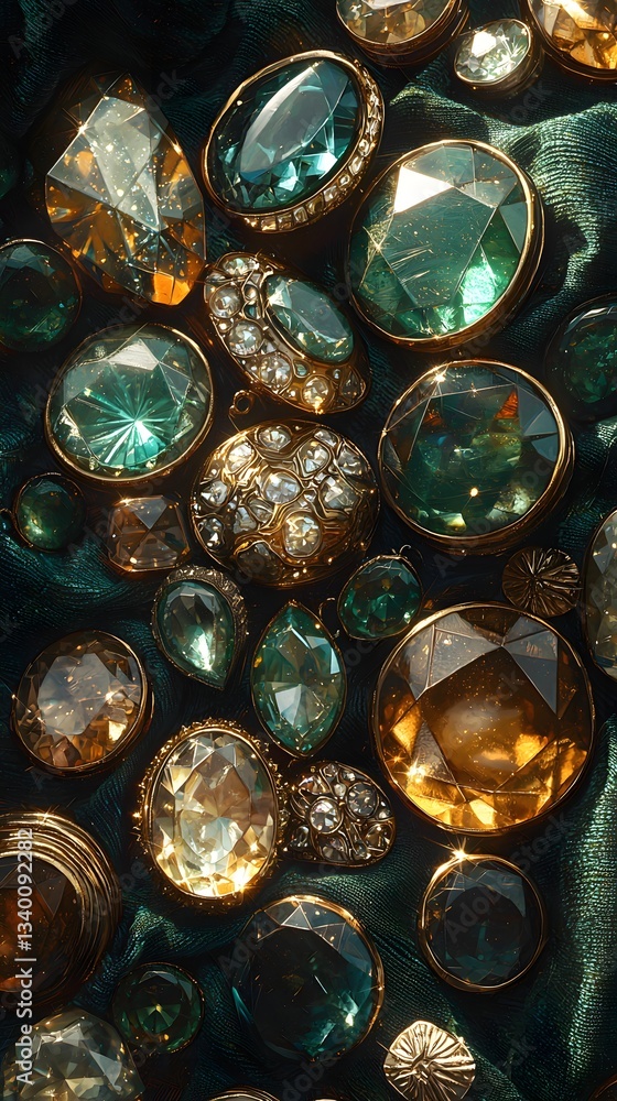 Stunning collection of diamonds and colorful jewels displayed in a luxurious art deco inspired jewelry arrangement Stunning collection of diamonds and colorful jewels displayed in a luxurious art deco inspired jewelry arrangement