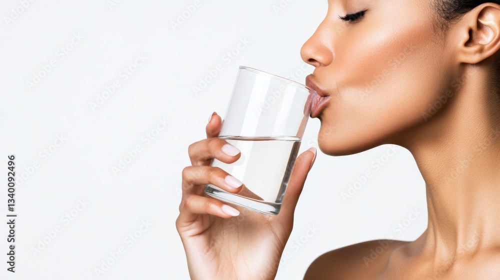 Person drinking water from a clear glass in a close-up profile view Person drinking water from a clear glass in a close-up profile view