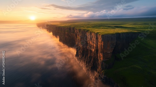 Stunning cliffside view with a beautiful sunset glowing over the horizon creating a spectacular natural landscape