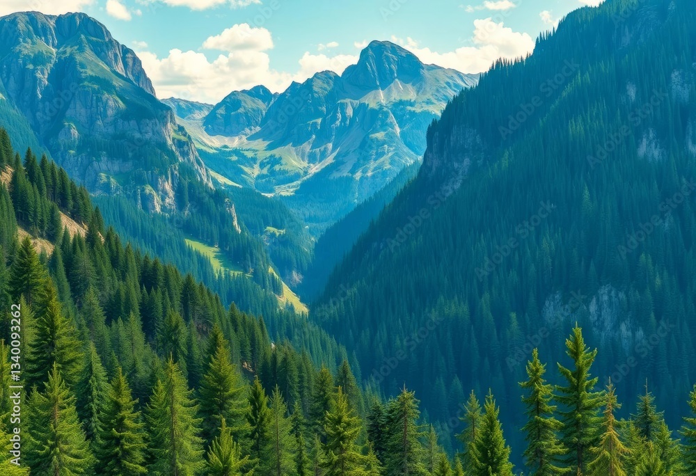 Green, high mountains with spruce forests, idyllic nature tourism landscape , nature, spruce Green, high mountains with spruce forests, idyllic nature tourism landscape , nature, spruce