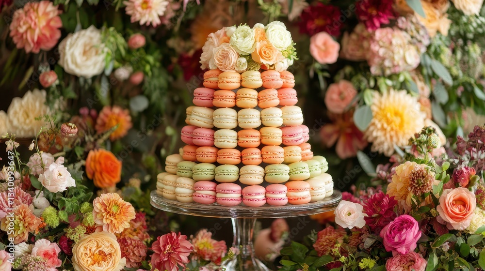 Fototapeta premium Colorful macaron tower on a glass stand surrounded by flowers arrangement. Great for celebrations, birthdays, wedding or any event with sweets.
