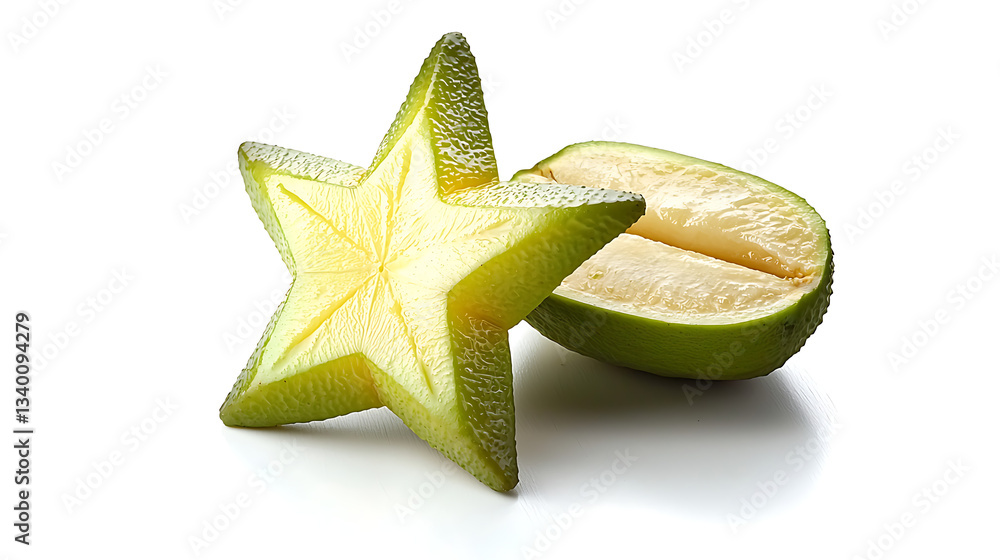 Fototapeta premium A star fruit is cut in half and the star shape is still visible. AI Generated