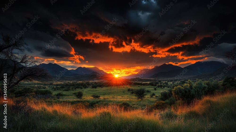 Obraz premium Dramatic sunset over a valley with mountains