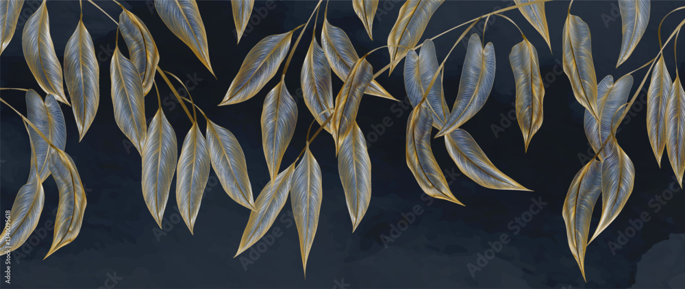 Fototapeta premium Dark art background with exotic golden leaves hand drawn in line style. Botanical banner for decor, print, wallpaper, textile, packaging, poster, interior design.