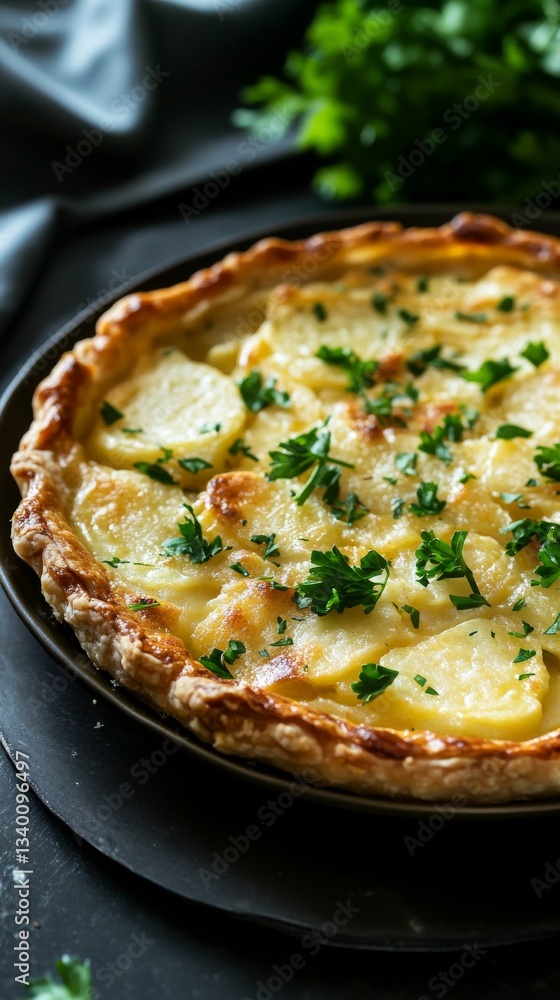 Golden potato quiche with fresh parsley on dark plate, culinary delight concept Golden potato quiche with fresh parsley on dark plate, culinary delight concept