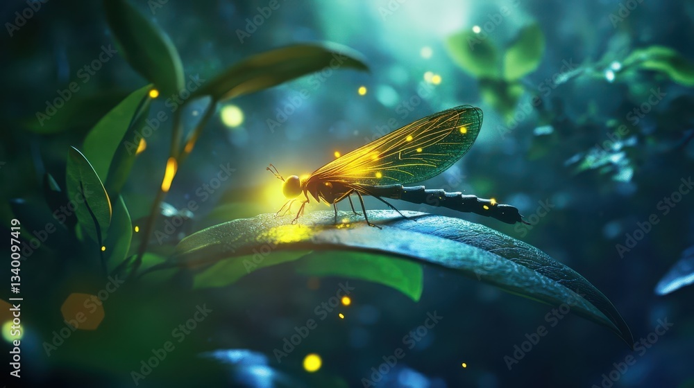 Naklejka premium A glowing dragonfly rests peacefully on a large green leaf
