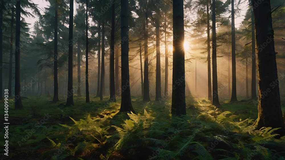 Fototapeta premium Sunlight Streaming Through Tall Trees in a Lush Green Forest