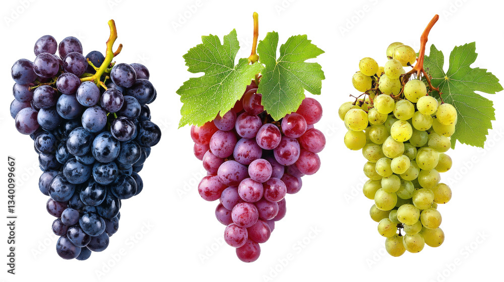 Fototapeta premium Three grapes are shown in a row, with one of them having a leaf on top