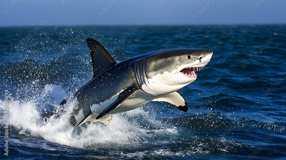 Fototapeta premium Great white shark breaking through the ocean surface its powerful body mid leap ultra sharp details
