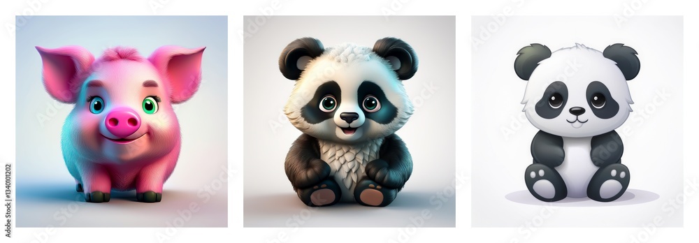 Obraz premium Charming cartoon animal illustrations of a pig and pandas, ideal for children's education and early learning resources.