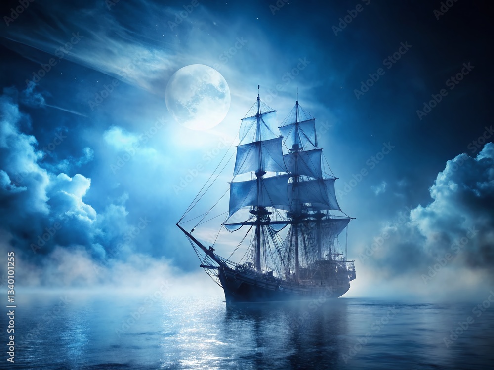 Ethereal Ghost Ship in Moonlit Fog: Double Exposure Stock Photo