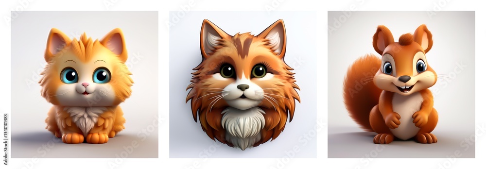 Fototapeta premium Cute cartoon animal illustrations perfect for childhood learning and education for kids. Features a cat, fox, and squirrel.