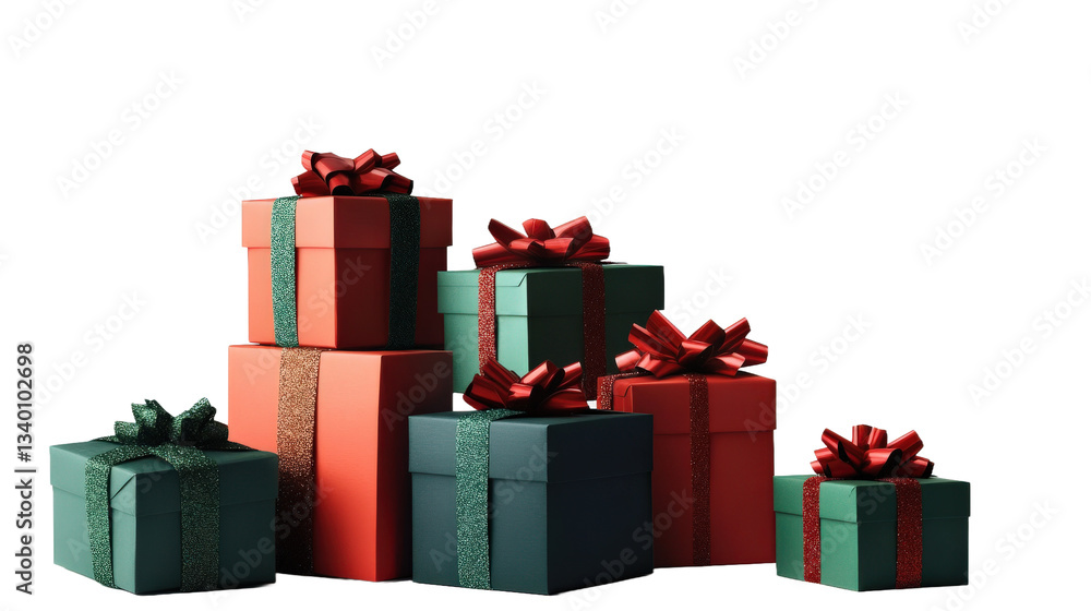 A stack of green and red boxes with red bows on top A stack of green and red boxes with red bows on top