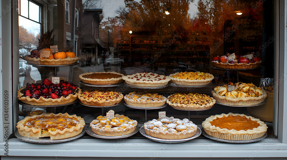 A quaint bakery window display featuring pumpkin pies, caramel apples, and autumn-themed pastries A quaint bakery window display featuring pumpkin pies, caramel apples, and autumn-themed pastries