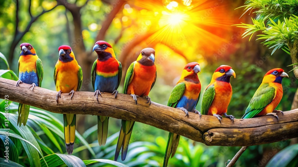 Obraz premium Exotic Birds Resting on Branch, Wildlife Sanctuary, Avian Photography
