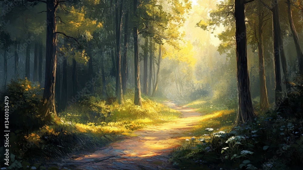 Sunlit Path Through a Mystical Forest Sunlit Path Through a Mystical Forest