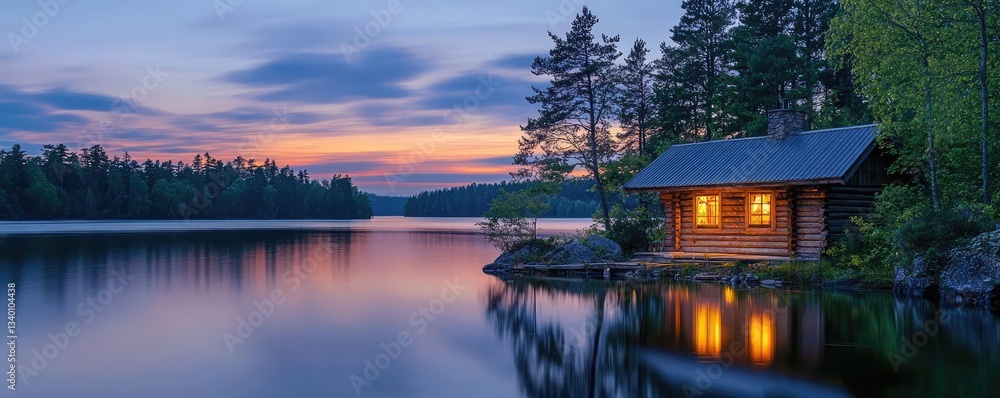 Lakeside sunset landscapes concept. A serene lakeside cabin at sunset, reflecting beauty in tranquil waters and nature.