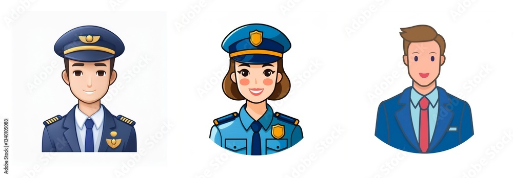 Three cartoon avatars showcase diverse professions. A pilot in uniform, a police officer with a cap, and a businessman in a suit are displayed. Three cartoon avatars showcase diverse professions. A pilot in uniform, a police officer with a cap, and a businessman in a suit are displayed.