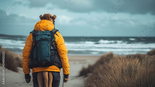 Person with backpack walks on a sandy beach
