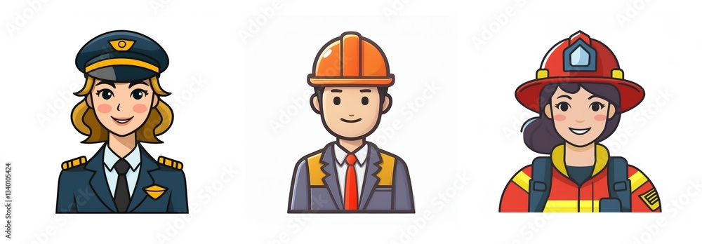 Obraz premium Three diverse cartoon professionals: a police officer, a construction worker with a hard hat, and a firefighter in uniform with a helmet.