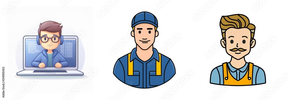 Three cartoon avatars displaying varied jobs: online worker on a laptop, technician with cap, and man in apron. Three cartoon avatars displaying varied jobs: online worker on a laptop, technician with cap, and man in apron.