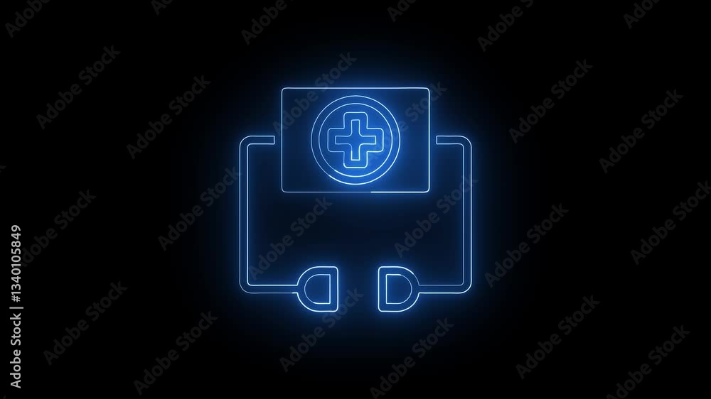 Glowing neon defibrillator icon isolated on black background. 4k motion graphic animation Glowing neon defibrillator icon isolated on black background. 4k motion graphic animation