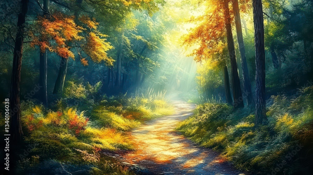 Sunlit Path Through Autumnal Forest Magical Woodland Trail Sunlit Path Through Autumnal Forest Magical Woodland Trail